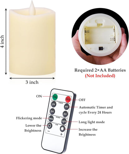 3"x4" Flickering Flameless Battery Candles with Timer, White Realistic LED Pillar Candles, Set of 2 Large Remote-Operated Candles for Home Indoor/Outdoor & Holiday Decor