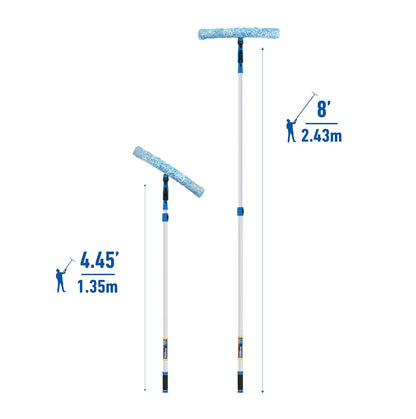 Unger Professional Connect and Clean 18” Grip Microfiber Window Scrubber with 8’ Pole, High-Access Glass Surface Household Cleaning Supplies and Tools, Reusable Microfiber Sleeve
