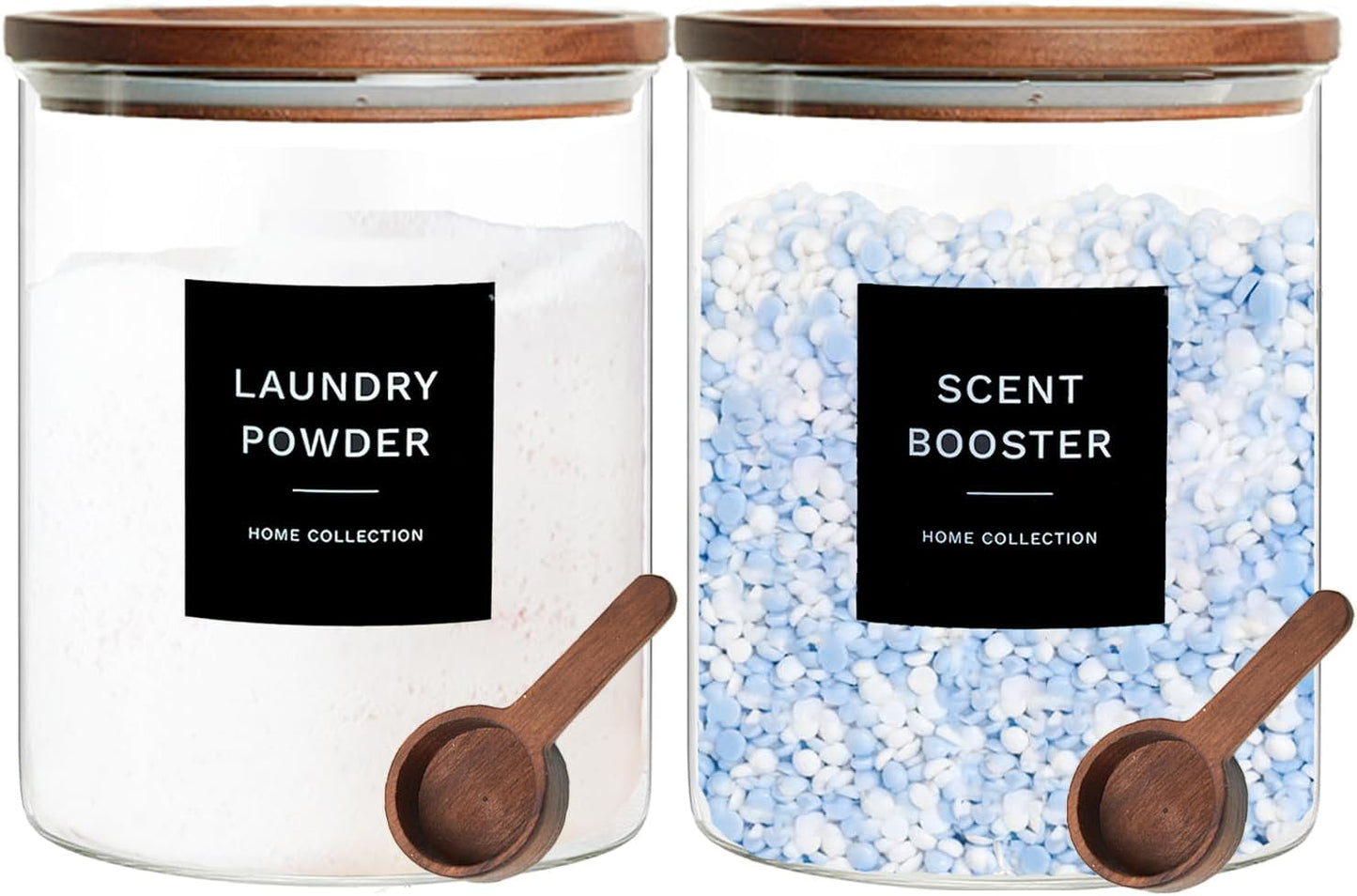 Glass Laundry Storage Containers Set, 4 Pack Liquid Detergent Dispenser with Cork Lid & Laundry Room Organization Jar with Acacia Lid, Fabric Softener Dispenser Bottles and Powder Detergent Organizer