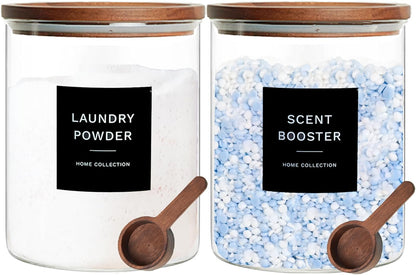 Glass Laundry Storage Containers Set, 4 Pack Liquid Detergent Dispenser with Cork Lid & Laundry Room Organization Jar with Acacia Lid, Fabric Softener Dispenser Bottles and Powder Detergent Organizer