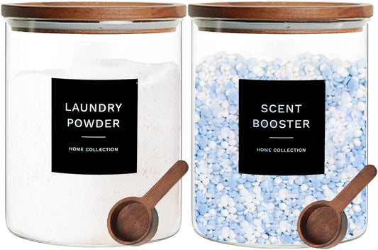 Glass Laundry Storage Containers Set, 4 Pack Liquid Detergent Dispenser with Cork Lid & Laundry Room Organization Jar with Acacia Lid, Fabric Softener Dispenser Bottles and Powder Detergent Organizer