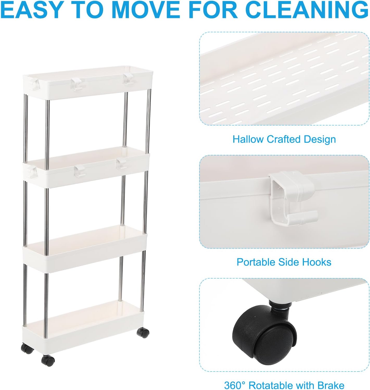 PATIKIL Slim Storage Cart, 4 Tier Mobile Shelving Unit Bathroom Storage Organizer Rolling Utility Cart Storage Slide Cart for Bathroom Office Kitchen, White