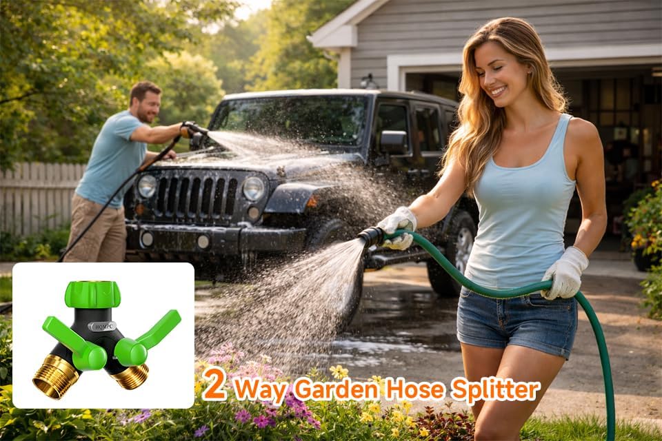 HQMPC Garden Hose Y Valve Splitter With Metal Long Handle Brass Hose Splitter Big Water Flow Hole- Spigot Splitter 2 way 3/4" GHT Thread