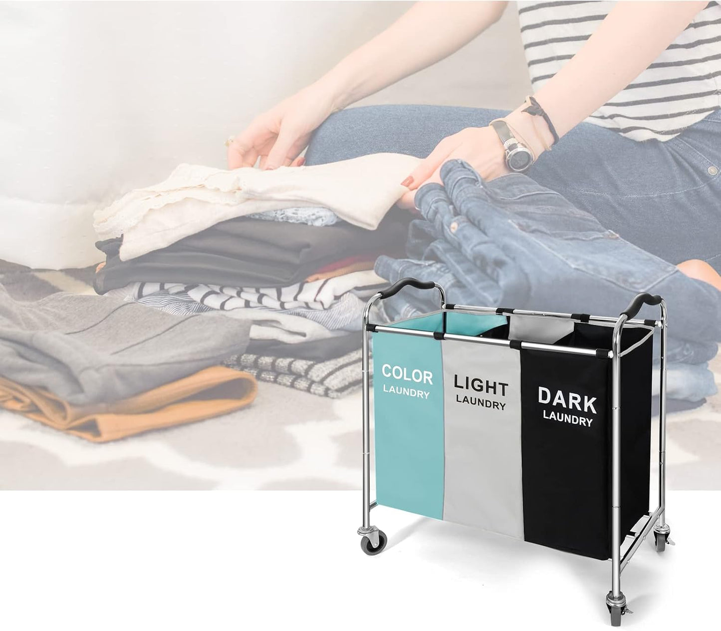 Laundry Basket with Wheels, 240l Laundry Hamper with 3 Section Laundry Bag for Dirty Clothes, Dorm Room Essentials, Towel Organization & Toys Storage Laundry Cart in Laundry Room Organization
