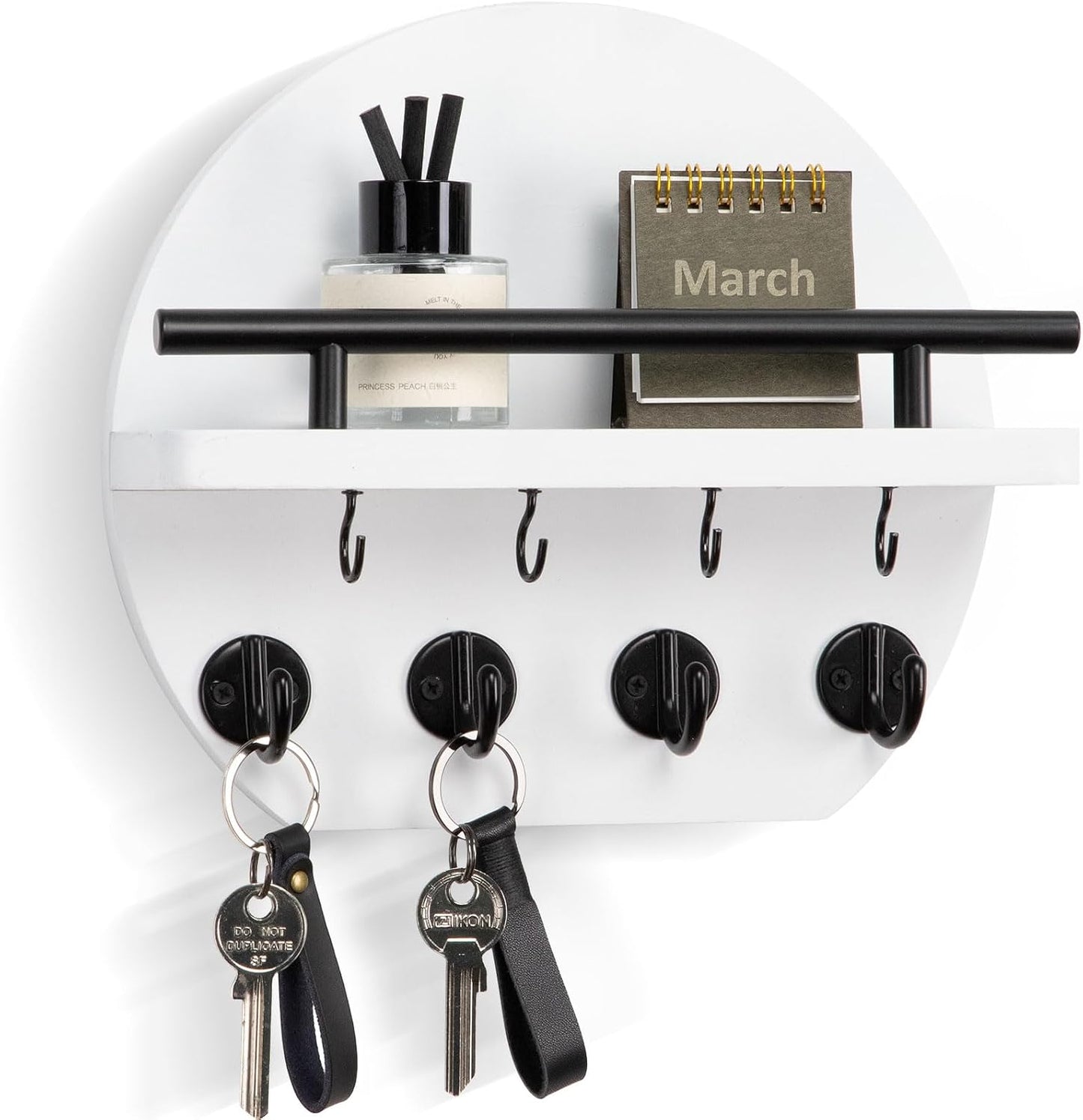 Nekon Key Holder for Wall - 9.8 Inch Apartment Wall Decor with Shelf and 8 Key Hooks, Circular Wood Key Hanger for Home Decor (Black with Golden Hooks)