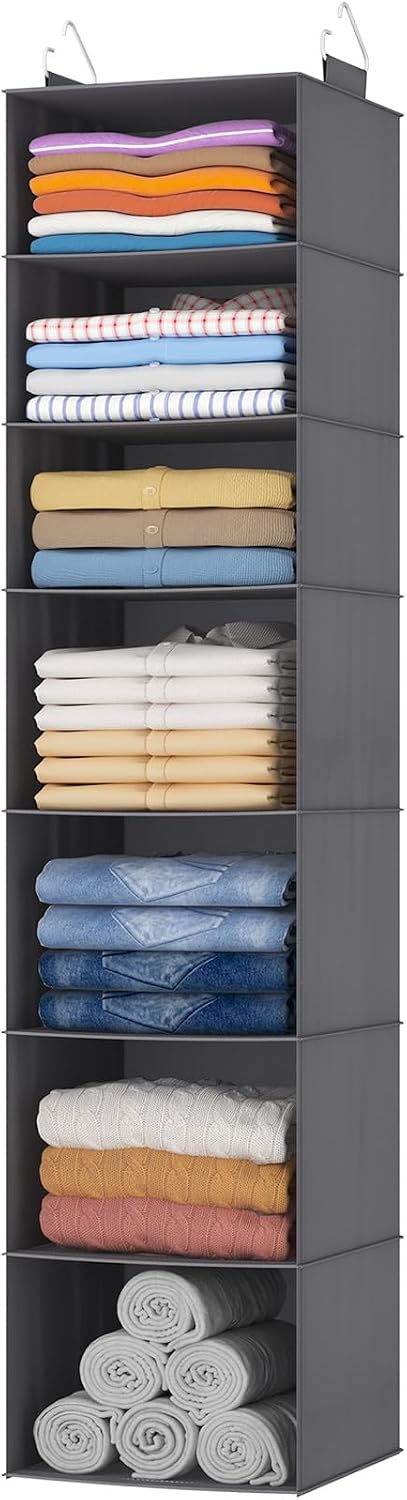 Lifewit 5 Tier Hanging Closet Organizer and Storage for Shelves, Foldable Clothes Shelf with 2 Sturdy Hooks, Sweater/Coat/Shoes Clothing Organization for Wardrobe, Dorm, Bedroom, Gray