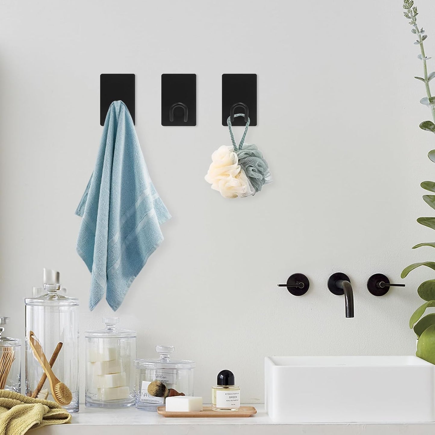 Self Adhesive Hooks Heavy Duty, Large Stainless Steel Towel Hooks, No Drill Sticky Hooks, Long Stick on Shower Wall Hooks for Hanging Hat Coat Key Headphone (Black(4Pcs))