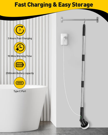 Shower Scrubber with Long Handle, Shower Cleaner Brush with 8 Floor Machine Pads, Cordless Electric Spin Scrubber for Cleaning with 2 Speed, Cleaning Supplies for Bathroom Bathtub Kitchen Floor Tile