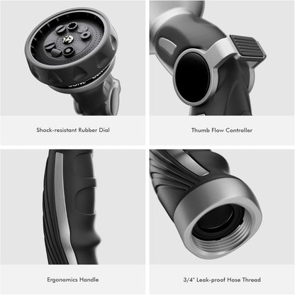 RESTMO Hose Nozzle Heavy Duty, Metal Water Hose Sprayer for Garden | 9 Spray Patterns, High Pressure, Thumb Flow Control, On/Off Valve, Ideal for Outdoor Lawn & Plant, Car & Pet, Black
