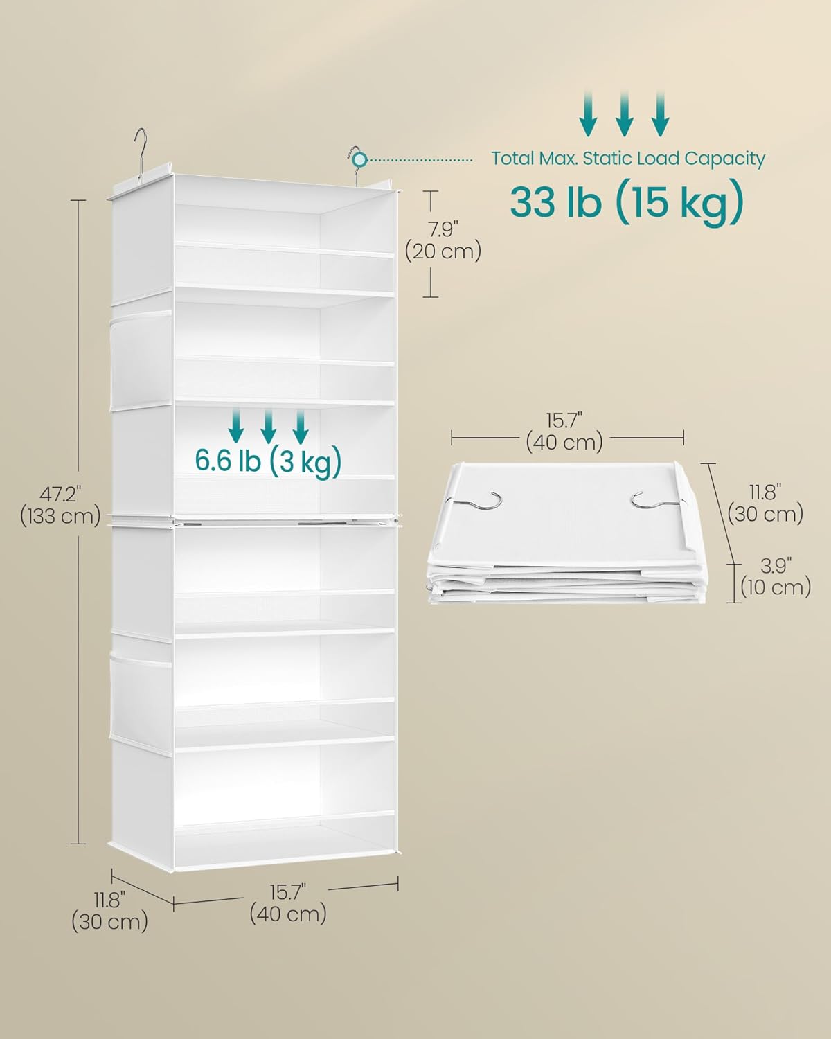 SONGMICS Hanging Closet Organizer, 6-Tier Fabric Storage Shelf, Separable Closet Hanging Shelf with Side Pockets, Foldable, Metal Hooks and Bamboo Inserts, Dove Gray URCH007G01