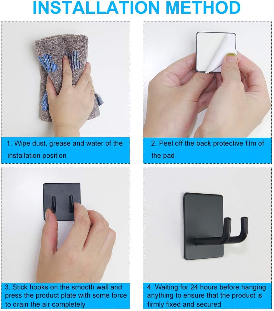 Yikla Adhesive Hooks, Bathroom Wall Towel Hooks, Black Stick Shower Razor Holder, Stainless Steel Door Hangers for Coat Loofah Robes Self Adhesive Organizer for Kitchen