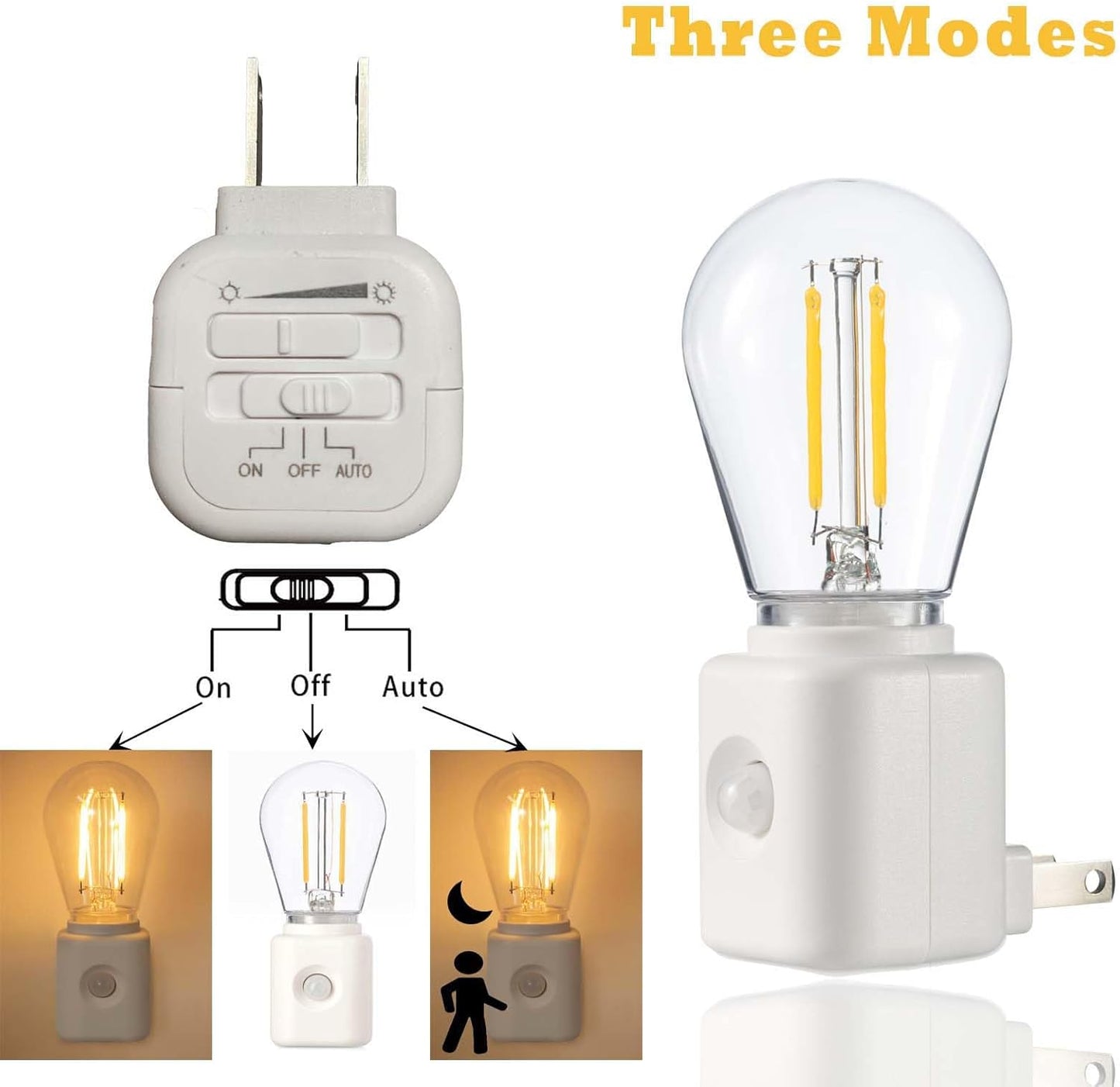 Led Night Light Bulb Plug in, 1W Vintage Nightlight, Dusk to Dawn and Motion Sensor, Warm White 2700K, 10-100LM Adjustable Brightness, Dimmable, for Hallway Bedroom Stairway, 1 Pack