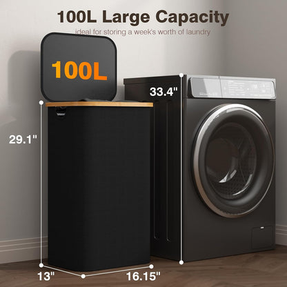 160L Laundry Hamper with Lid, 3 Section Laundry Basket with 3 Removable Bag | Clothes Hampers for Laundry with Bamboo Frame Handle, Large Dirty Clothes Hamper for Laundry Room, Bathroom, Bedroom, Black