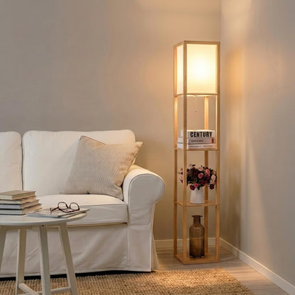 Brightech Maxwell - Modern Shelf Floor Lamp with Lamp Shade & Warm White LED Bulb, Corner Display Floor Lamp with Shelves for Living Room, Bedroom, Nightstand Office, Home Decor Storage - Natural Wood