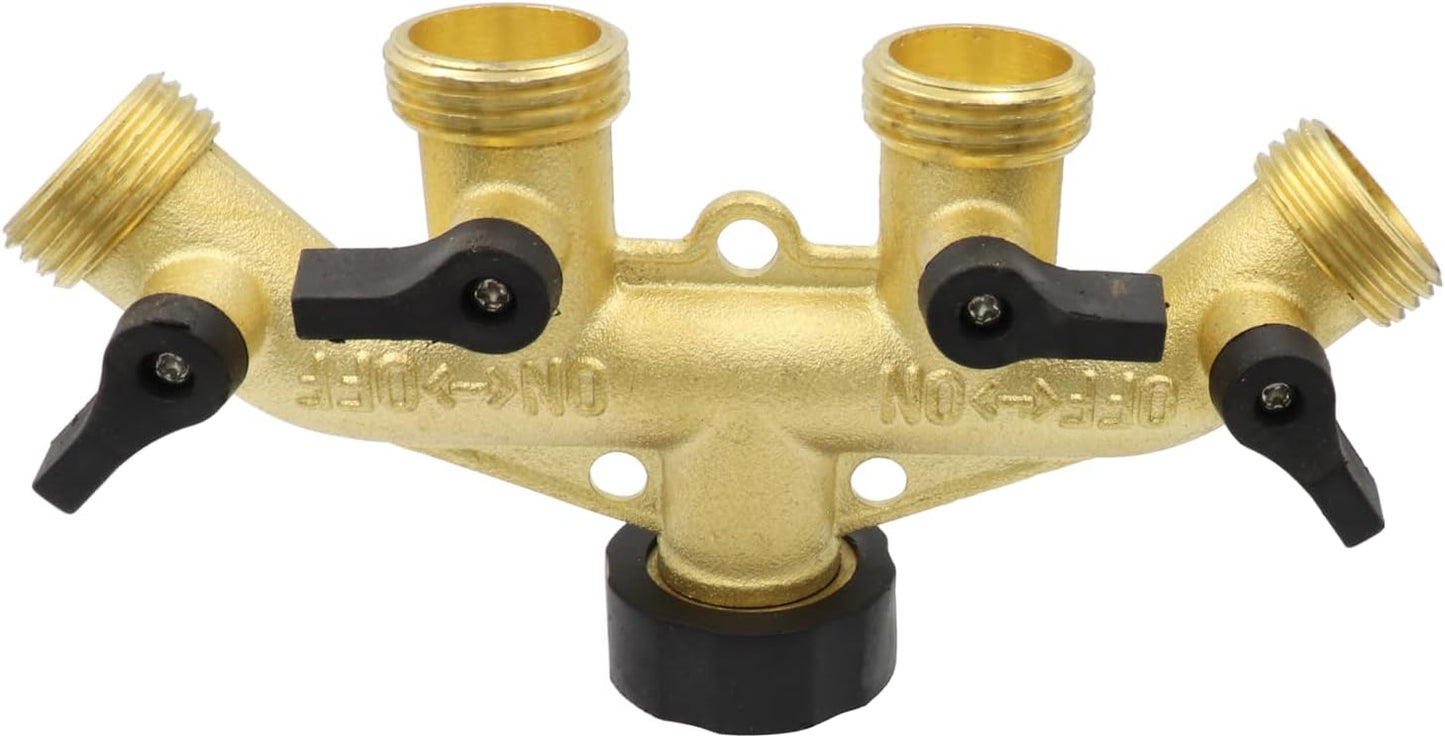 LBY 4 Way Brass Hose Splitter, 3/4" Hose Faucet Manifold, Garden Hose Connector, Tap Splitter, Solid Brass (Golden Yellow)
