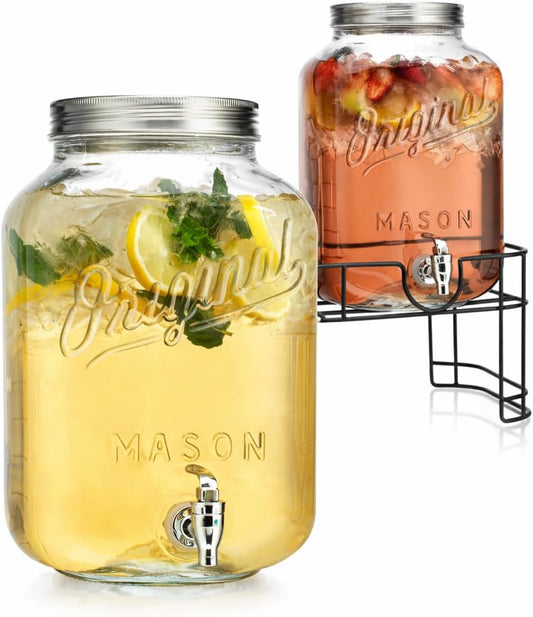 2 GALLON - 2 PACK Glass Drink Dispensers for Parties, Mason Jar Beverage Dispensers with Metal Stand, Glass Water Dispenser with Spigot, Laundry Detergent Dispenser
