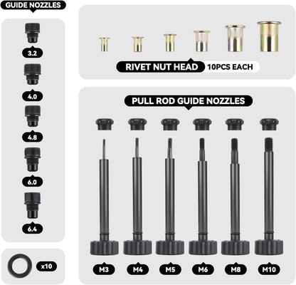 Auto Dynasty 21" Hand Riveter Rivet Nut Tool Set with 5 Guide Nozzle Silver Repair Hand Tool Kit Set for Home Household Office Warehouse
