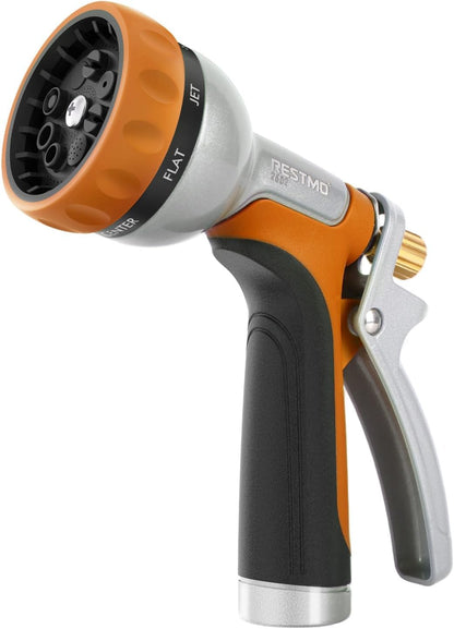 RESTMO Garden Hose Nozzle Heavy Duty, Leak-proof Water Hose Sprayer | 7 Adjustable Spray Patterns, Durable Metal, Flow Control, Ideal for Plants & Lawns Watering, Cars & Pets Washing, Green