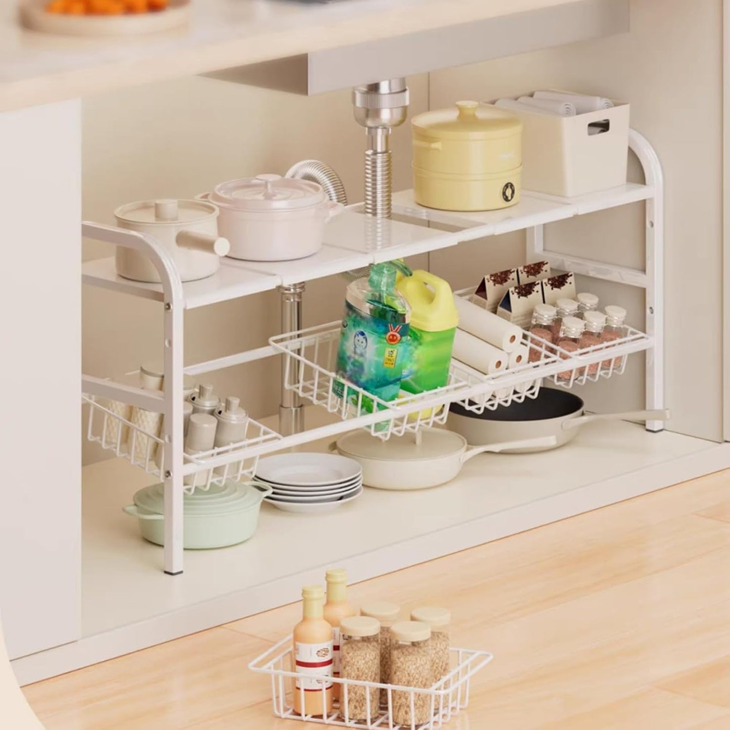 Under Sink Organizer，2 Tier Expandable Heavy Duty Metal Shelf，with 5 Removable Panels and 5 Storage Basket for Under Kitchen Bathroom Sink Organizers and Storage(Black, Large)