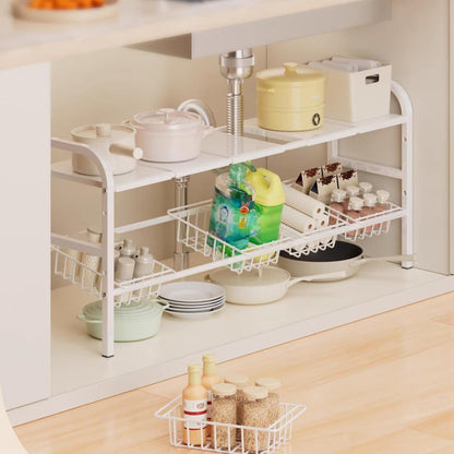 Under Sink Organizer，2 Tier Expandable Heavy Duty Metal Shelf，with 5 Removable Panels and 5 Storage Basket for Under Kitchen Bathroom Sink Organizers and Storage(Black, Large)