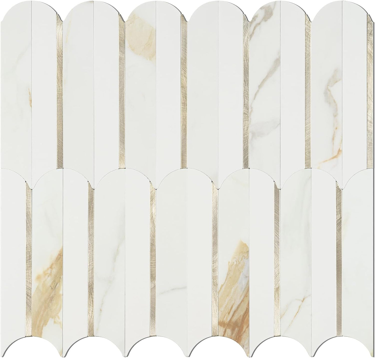 Vamos Peel and Stick Backsplash Seamless Tile for Kitchen and Bathroom,White and Beige Slate PVC Mixed Light Gold Self Adhesive Fish Scale Metal Mosaic Tiles (10 Sheets)