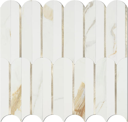Vamos Peel and Stick Backsplash Seamless Tile for Kitchen and Bathroom,White and Beige Slate PVC Mixed Light Gold Self Adhesive Fish Scale Metal Mosaic Tiles (10 Sheets)