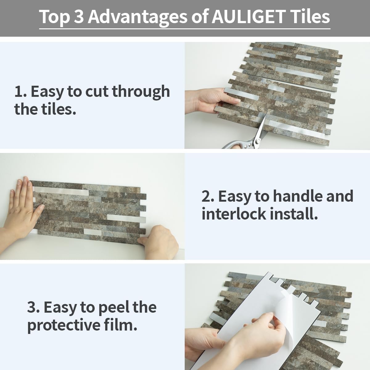 AULIGET 20 Sheets Peel and Stick Backsplash, Black & Grey Wood Look PVC Mixed Metal Stick on Backsplash Tiles for Kitchen
