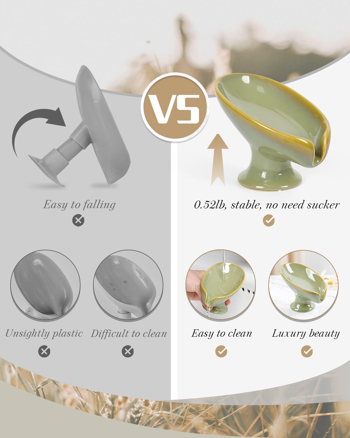 Small Soap Dish, Self Draining Bar Soap Holder for Bathroom Sink, Leaf Shaped Drainage Ceramic with Marble-Pattern Finish, Decorative Soap Dish, No Suction Cup, ANTIS'S HOME