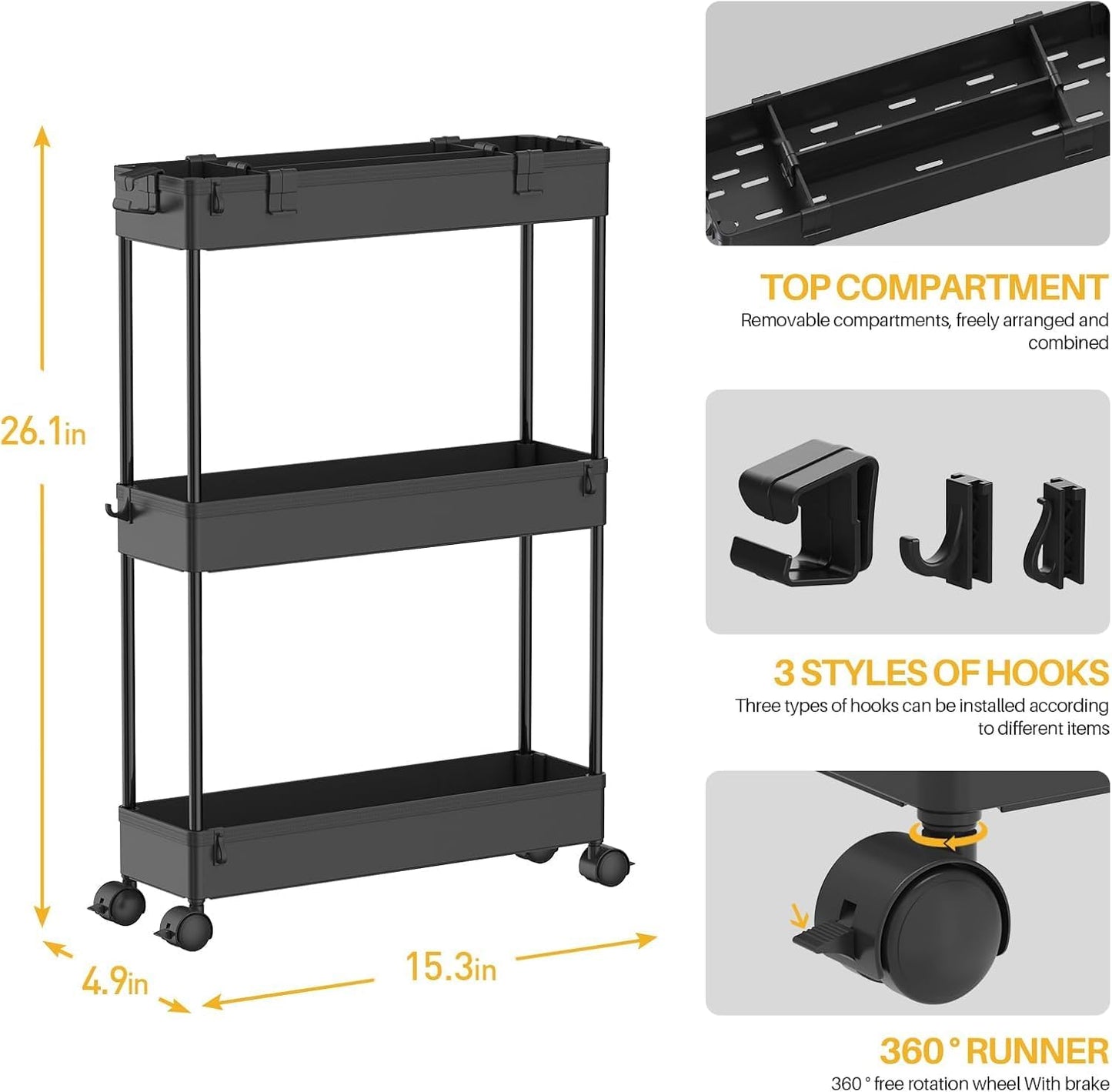 SPACELEAD Slim Storage Cart 3 Tier,Bathroom Organizer Rolling Utility,Mobile Shelving Unit Slide Out for Office, Kitchen, Laundry Room & Narrow Places，Green