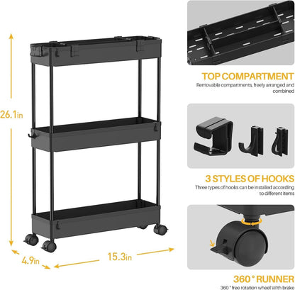 SPACELEAD Slim Storage Cart 3 Tier,Bathroom Organizer Rolling Utility,Mobile Shelving Unit Slide Out for Office, Kitchen, Laundry Room & Narrow Places，Green