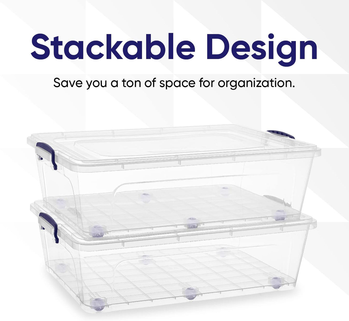 Superio Under Bed Storage Containers with Wheels (2 Pack), Flat Clear Storage Bin Stackable Large Storage Latch Box with Lids Store Cloths, Bedding, Linen, For Under The Bed, Garage, Home
