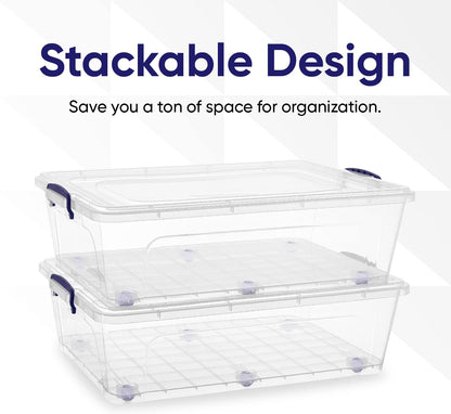 Superio Under Bed Storage Containers with Wheels (2 Pack), Flat Clear Storage Bin Stackable Large Storage Latch Box with Lids Store Cloths, Bedding, Linen, For Under The Bed, Garage, Home