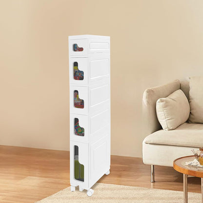 2 Tier Slim Bathroom Storage Cabinet with Movable WheelsSmall Bathroom Storage Cabinet Narrow Bathroom Storage Cabinet for Small Space, Bathroom, Kitchen, Laundry, White (15.7×6.3×22in)