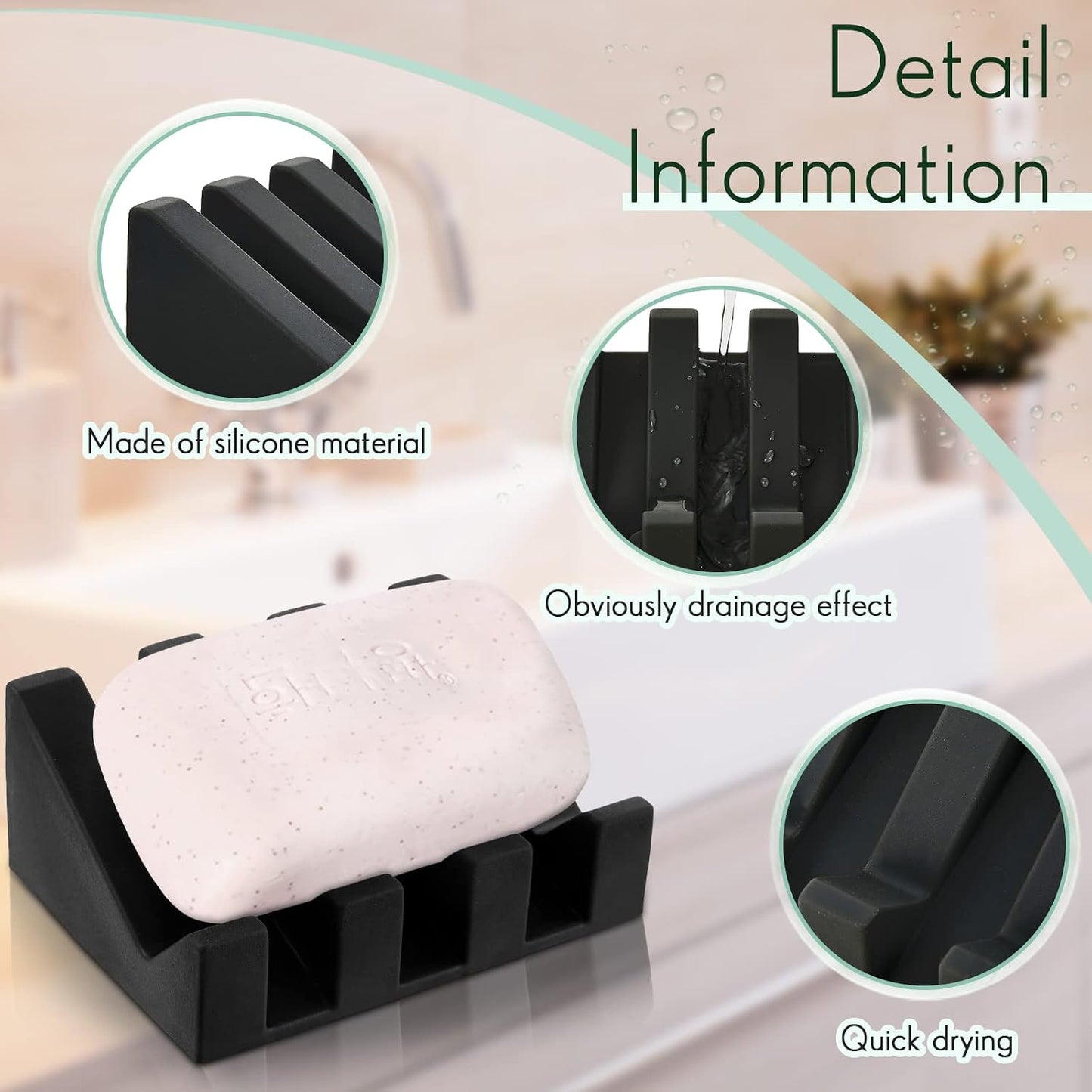 Cunhill 2 Pieces Silicone Soap Dish Self Draining Soap Dish Shower Waterfall Bar Soap Holder Tray with Drain Soap Saver for Kitchen Bathroom Accessories (Black)