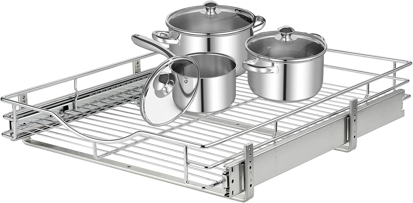 DINDON Pull Out Cabinet Organizer, (17" W x 21" D) Heavy-Duty Metal Sliding Drawer Shelf, Bathroom Under Sink Kitchen Cabinets Organizer and Storage Slide Out Shelves, Chrome, 1 Tier, 2 Pack