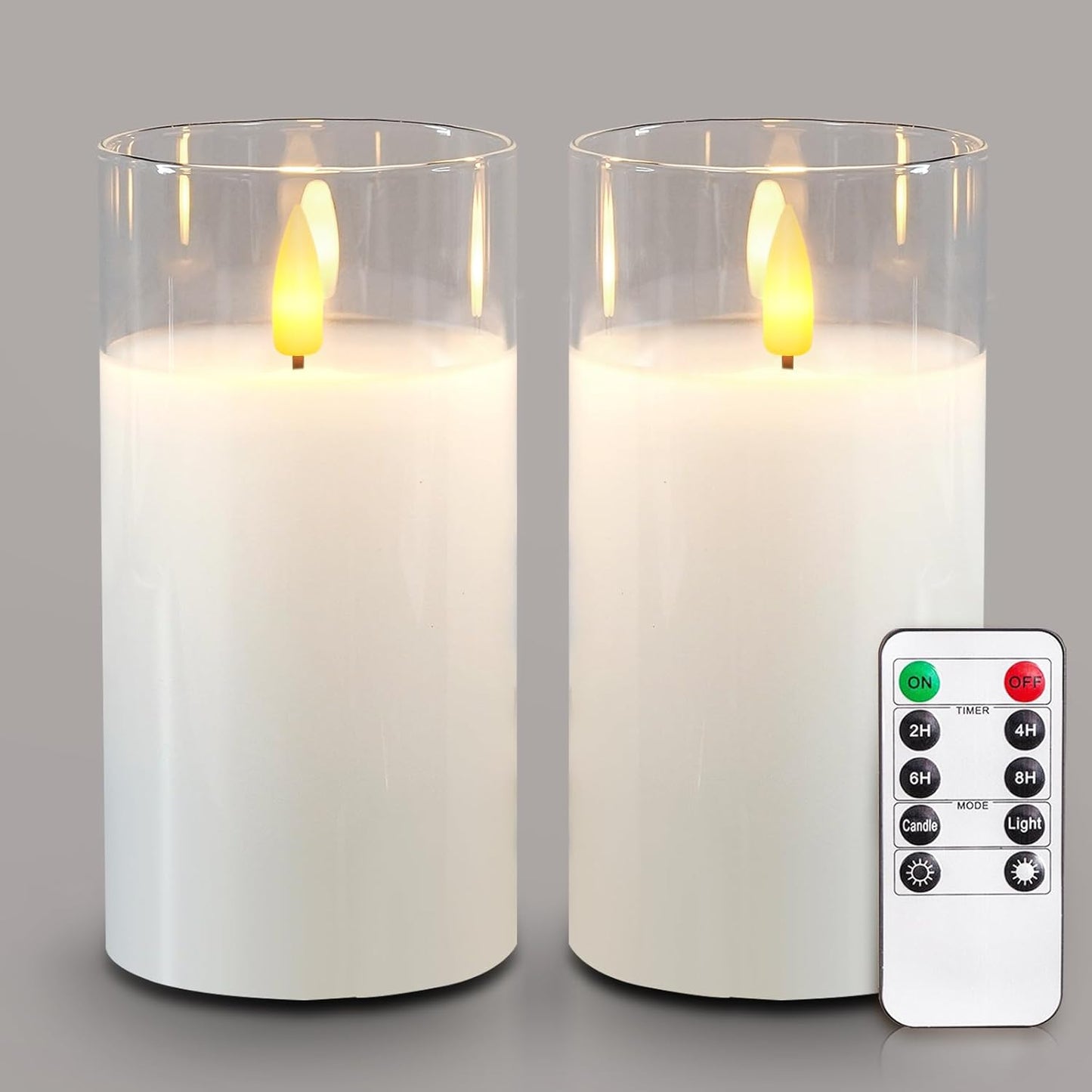 5plots Glass Battery Operated White Flameless Candles with Remote Timer, 3D Wick Real Wax Pillar Led Candles Warm Flickering Light for Indoor Home, Halloween, Christmas Decor, Set of 3, D3 x H4 5" 6"