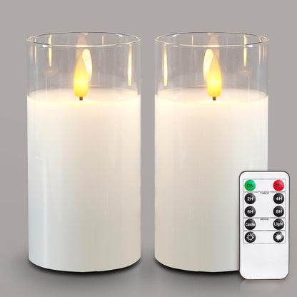 5plots Glass Battery Operated White Flameless Candles with Remote Timer, 3D Wick Real Wax Pillar Led Candles Warm Flickering Light for Indoor Home, Halloween, Christmas Decor, Set of 3, D3 x H4 5" 6"