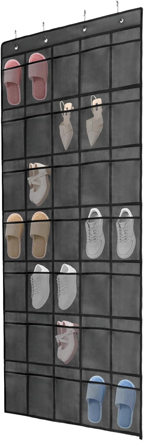 Over the Door Shoe Organizer, 12 Mesh Pockets Hanging Shoe Organizer with 4 Metal Hooks (Black)