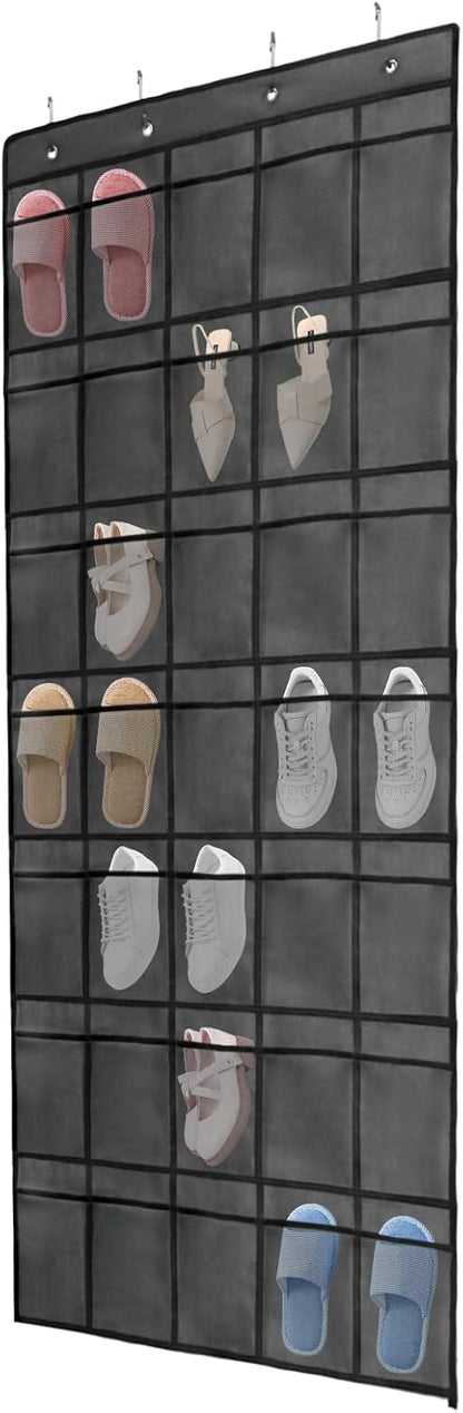 Over the Door Shoe Organizer, 12 Mesh Pockets Hanging Shoe Organizer with 4 Metal Hooks (Black)
