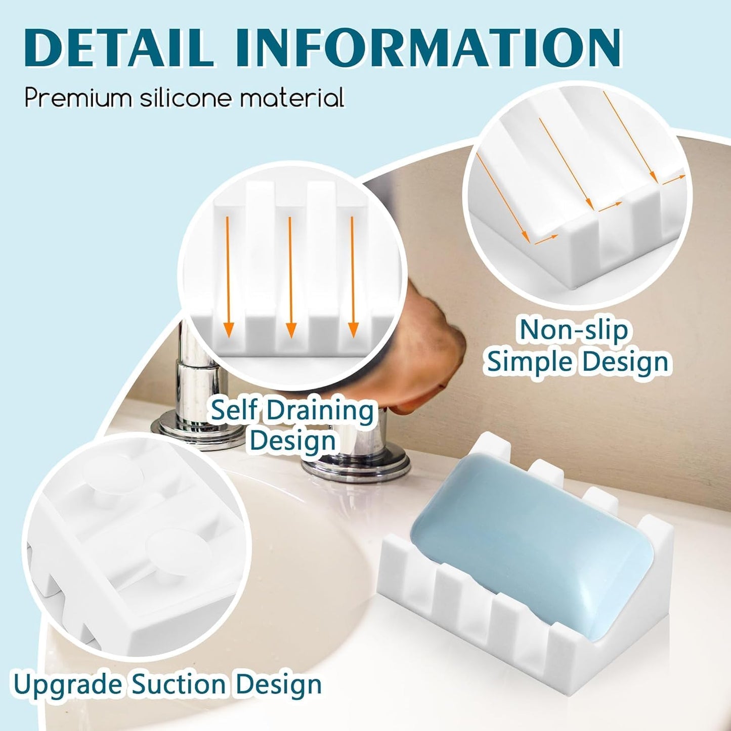 Self Draining Silicone Soap Dish with Suction Cups - Non-Slip Bar Soap Holder for Shower & Kitchen, Waterfall Tray Keeps Soap Dry, Easy Clean, Extends Soap Life (White, 1)