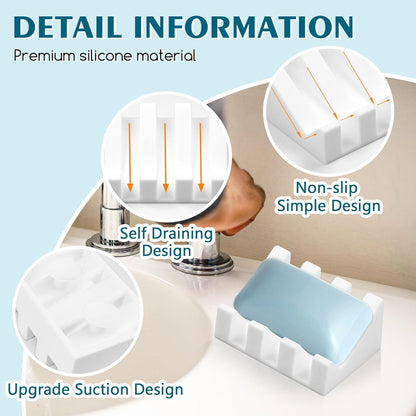 Self Draining Silicone Soap Dish with Suction Cups - Non-Slip Bar Soap Holder for Shower & Kitchen, Waterfall Tray Keeps Soap Dry, Easy Clean, Extends Soap Life (White, 1)