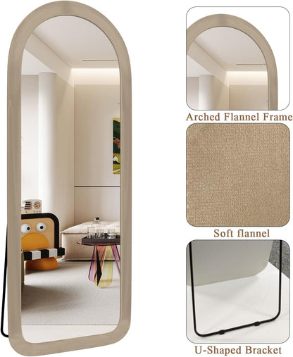 Full Length Mirror 56"x20" Arch Floor Mirror with Stand Arched Full Body Mirror Standing Hanging or Leaning Against Wall for Bedroom Flannel Wrapped Wooden Frame Milk Tea