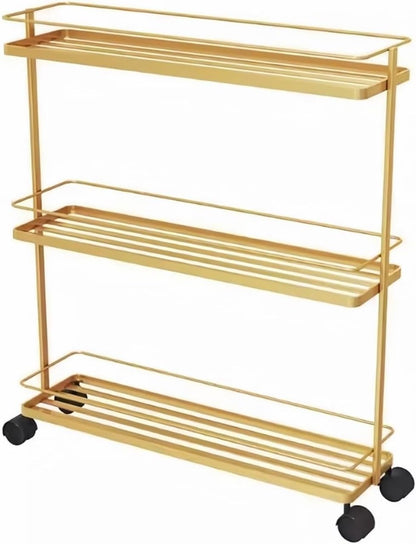 3-Tier Narrow Rolling Storage Cart Metal Utility Rack with Wheels Space-Saving Organizer for Bathroom Kitchen Laundry Room Long-Lasting(Gold)