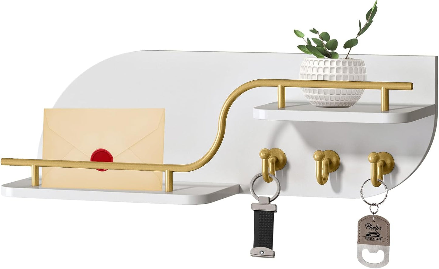 Key Holder for Wall, Decorative Key and Mail Organizer with 6 Sturdy Metal Hooks and Floating Shelf, 14 Inches Wood Wall Mounted Key Rack for Entryway, White and Gold