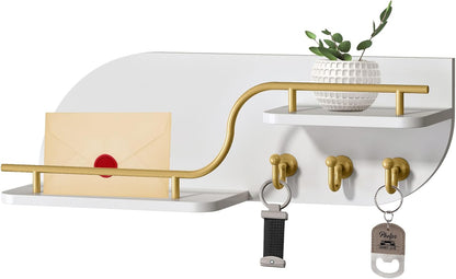 Key Holder for Wall, Decorative Key and Mail Organizer with 6 Sturdy Metal Hooks and Floating Shelf, 14 Inches Wood Wall Mounted Key Rack for Entryway, White and Gold
