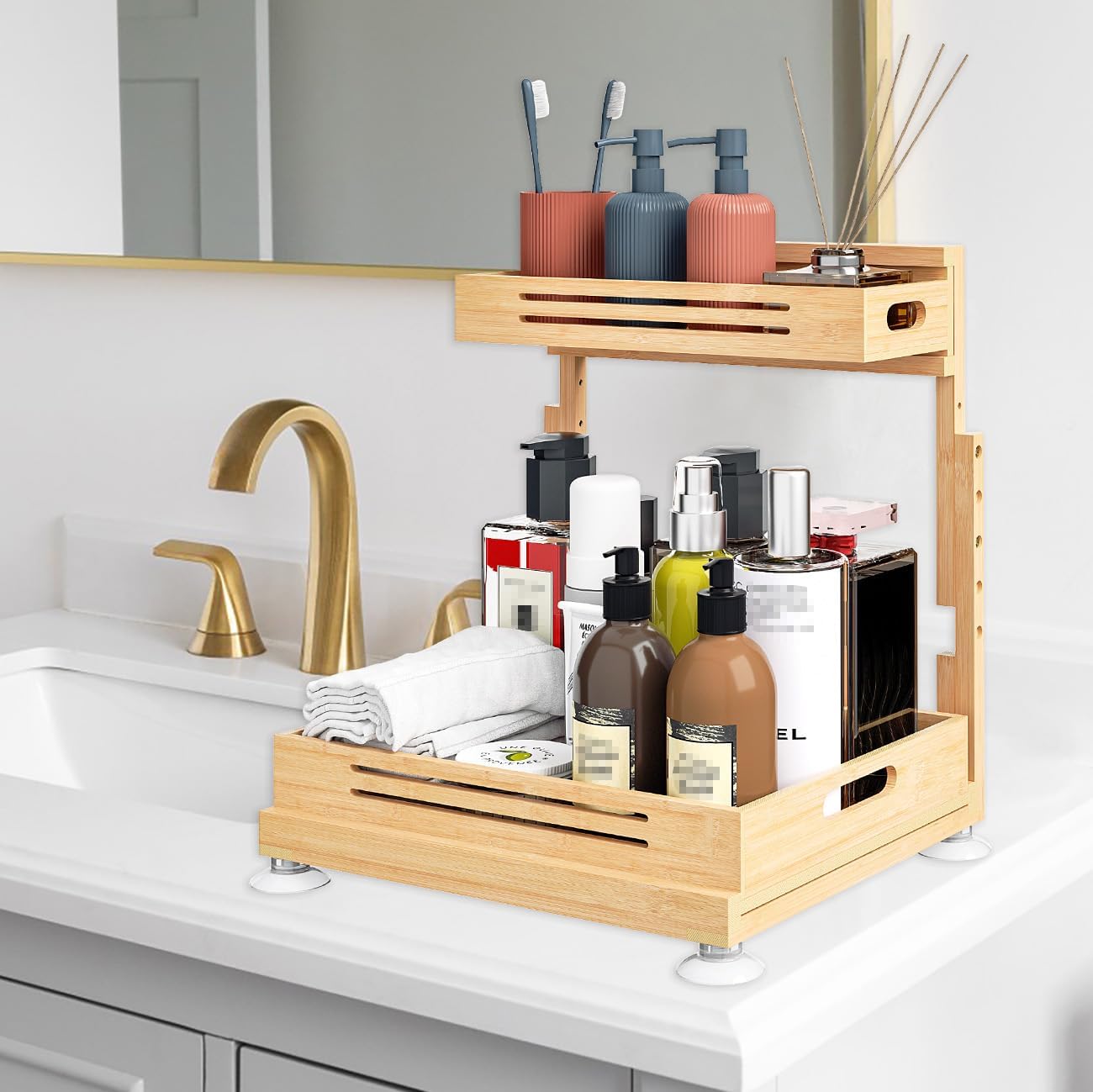 Banlilu Under Sink Organizer, Pull Out Cabinet Organizer, 2 Tier Slide Out Sink Shelf Cabinet Storage Shelves, Storage for Kitchen Bathroom, Natural Premium Bamboo Wood