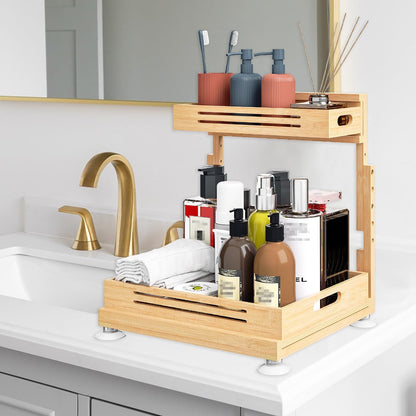 Banlilu Under Sink Organizer, Pull Out Cabinet Organizer, 2 Tier Slide Out Sink Shelf Cabinet Storage Shelves, Storage for Kitchen Bathroom, Natural Premium Bamboo Wood