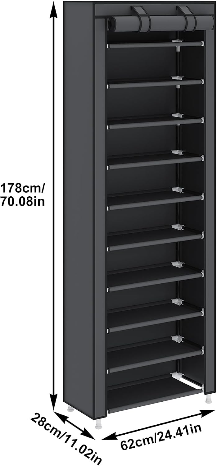 UDEAR 10-Tier Free Standing Shoe Rack Sturdy Shoe Rack Organizer for Closet Entryway Stackable Shoe Shelf with Dustproof Cover,Black