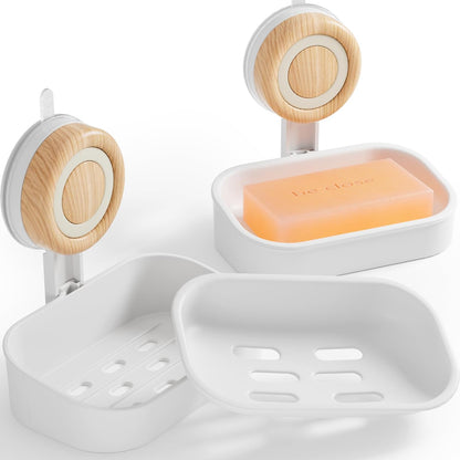 Double Layer Soap Dish for Shower 2 Pack, Wall Mounted Bar Soap Holder Suction Cup 2 Layer Self Draining Soap Case Sponge Holder for Shower Bathroom, Tub and Kitchen Sink, Drill-Free Tray