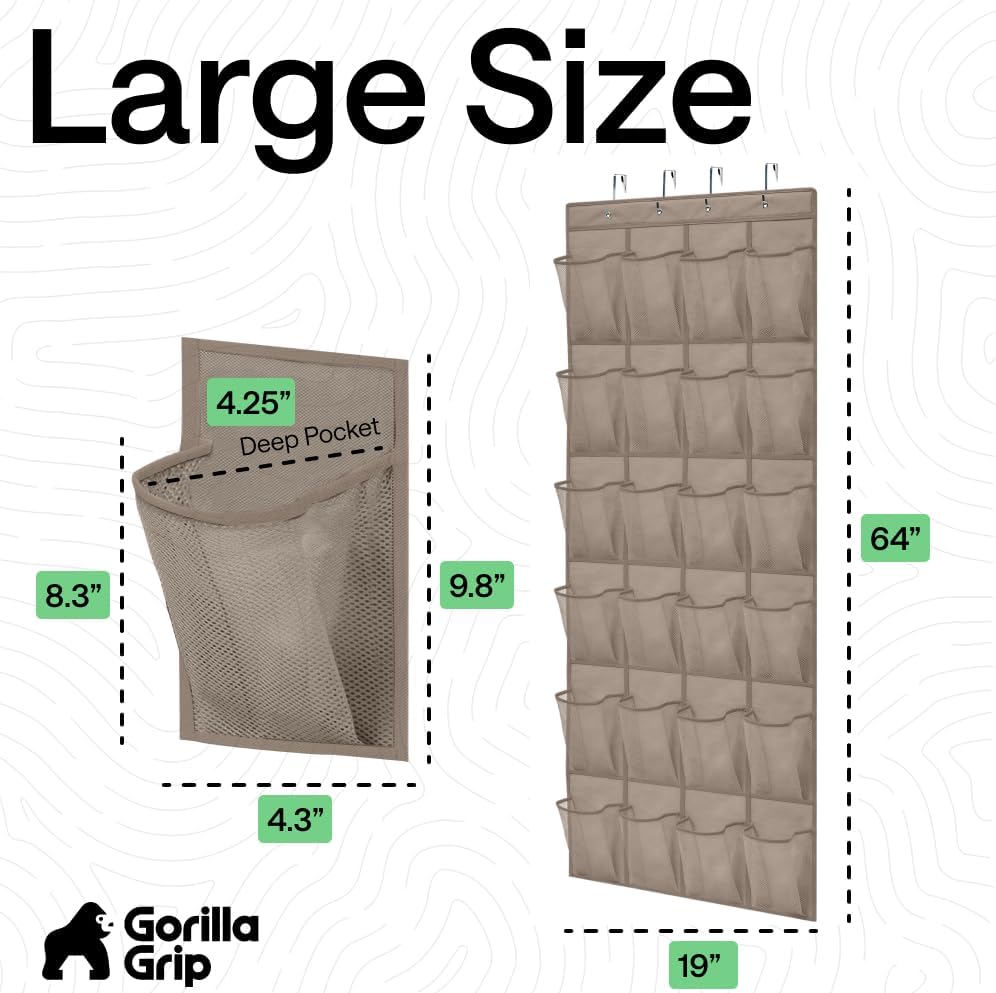 GORILLA GRIP Over the Door Shoe Organizer, 24 Large Breathable Mesh Pockets, Space Saving Hanging Storage Holder, Closet Rack Hanger Holds Up to 40 lbs, Hangs on Closets for Shoes, Accessories, Grey